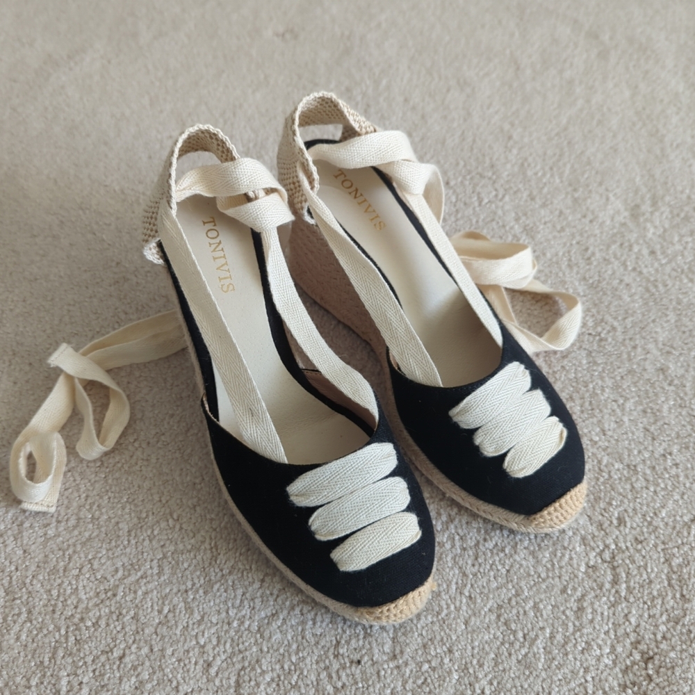Black and white canvas cotton espadrille Wedges Lace Up